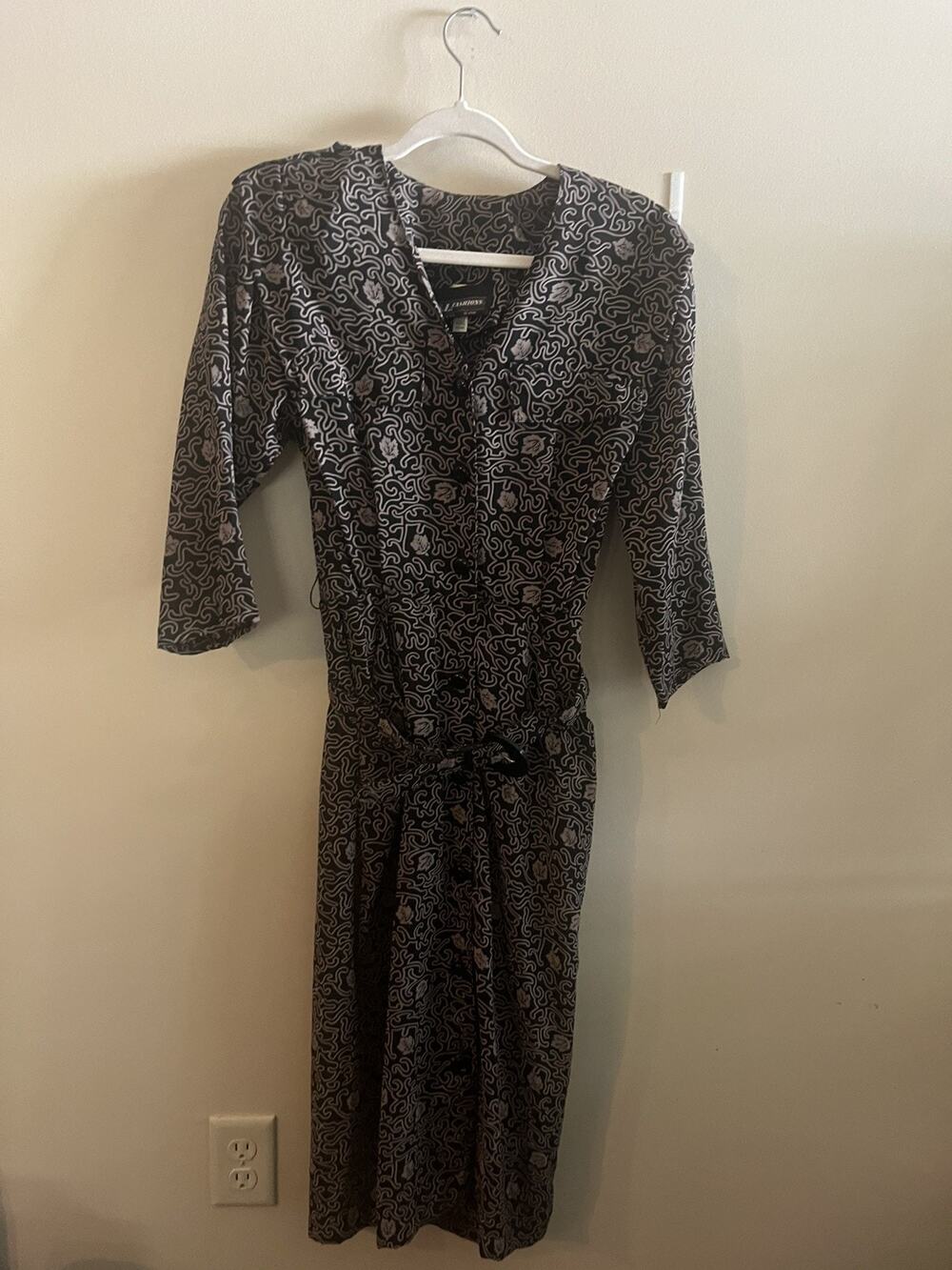 Vintage 90's Maxi Dress Black Tan Teacher Belted Cottage Button Down Size 10 L